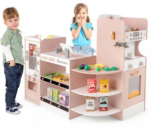 COSTWAY Winkeltje voor Kinderen, Houten Winkel inclusief Accessoires (Roze)