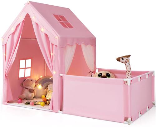 COSTWAY 2-in-1 kindertent met looprek, kinderspeelhuis voor binnen met mat & lichtketting, grote kinderspeeltent, speelgebied 177 x 97 x 136 cm, tent kinderkamer voor jongens en meisjes (roze)
