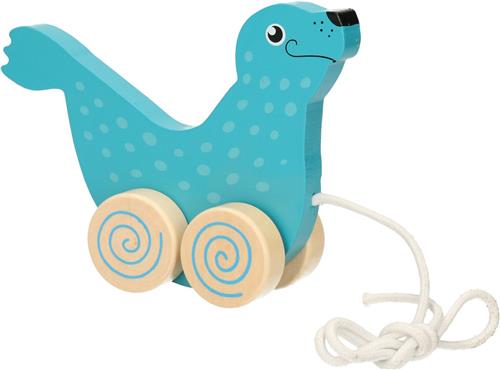 Nature planet - trekdiertje zeehond - 1x - turquoise blauw - hout -15 x 12 cm