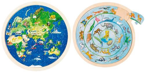 Goki - 2 puzzels - Hout - Dierencircel 27 stukjes 3 jaar - Dieren wereldbol tweezijding 57 stukjes 6 jaar