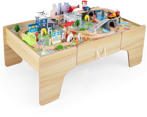COSTWAY 3-in-1 spoorwegtafel voor kinderen, 110-delige houten spoorbaanset