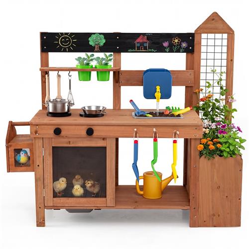 COSTWAY Modderkeuken voor kinderen, outdoor, speelkeuken met waterreservoir