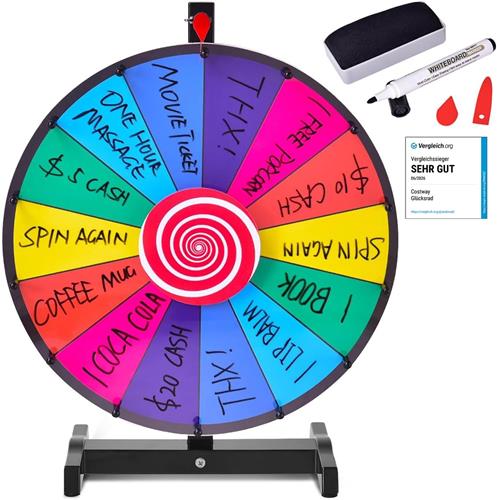 COSTWAY 48 cm Tafelblad Spinnen Prijswiel 14 Sleuven Spinner met Bewerkbare Droge Gum Metalen Basis en Standaard voor Carnaval Feest Raffle