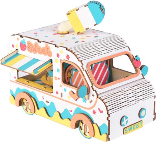 Bouwpakket 3D Puzzel IJskraam IJscokar IJsauto van hout- gekleurd