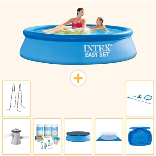 Intex Rond Opblaasbaar Easy Set Zwembad - 244 x 61 cm - Blauw - Inclusief Pomp - Onderhoudspakket - Afdekzeil - Grondzeil - Voetenbad - Ladder - Schoonmaakset - 8-delig