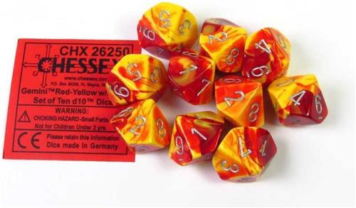 Chessex Gemini Red-Yellow/silver D10 Dobbelsteen Set (10 stuks)