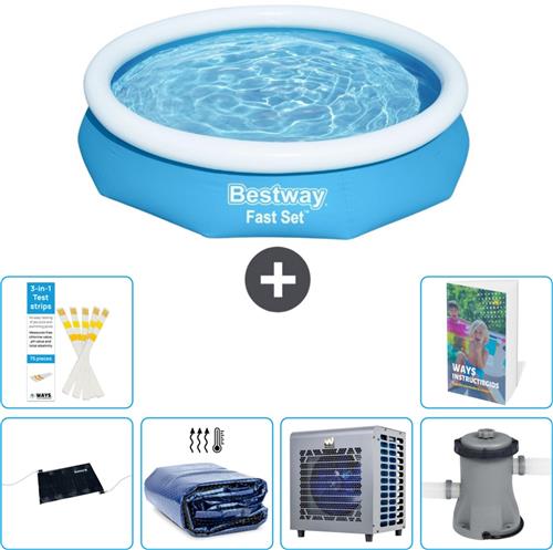 Bestway Rond Opblaasbaar Fast Set Zwembad - 305 x 66 cm - Blauw - Inclusief Solar Mat - Solarzeil - Warmtepomp - Zwembadfilterpomp - 7-delig