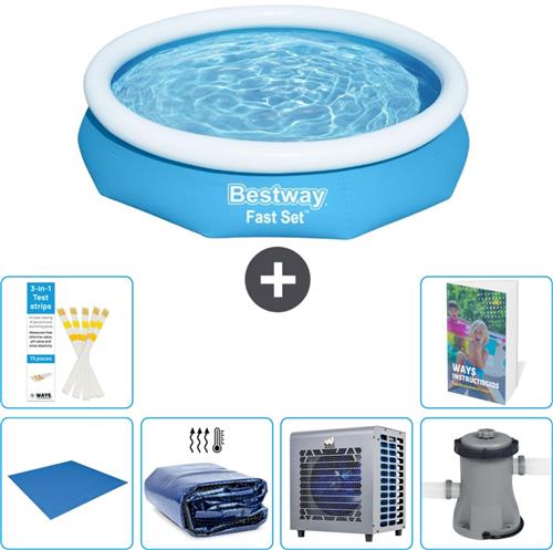 Bestway Rond Opblaasbaar Fast Set Zwembad - 305 x 66 cm - Blauw - Inclusief Grondzeil - Solarzeil - Warmtepomp - Zwembadfilterpomp - 7-delig