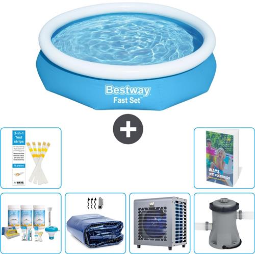 Bestway Rond Opblaasbaar Fast Set Zwembad - 305 x 66 cm - Blauw - Inclusief Onderhoudspakket - Solarzeil - Warmtepomp - Zwembadfilterpomp - 7-delig