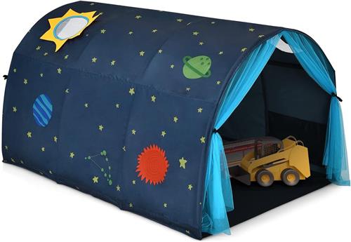COSTWAY Kinderspeelhuis, kindertent met raam en tas, speeltent met dubbel gordijn, speelhuis voor kinderen binnen en buiten, kindertent voor jongens en meisjes (blauw)