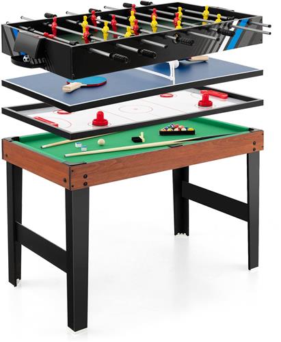 COSTWAY Multispeeltafel, 4-in-1 tafelvoetbaltafel met biljart, airhockey, tafeltennis, multifunctionele tafel, tafelvoetbal met accessoires, kicktafel voor speelkamer, party, bars, 125 x 97 x 83 cm
