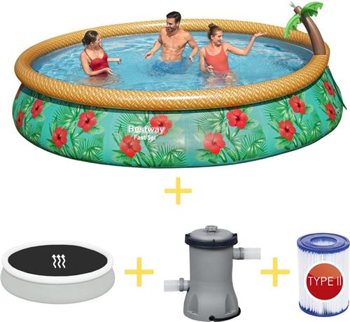 Bestway Zwembad - Fast Set - Paradijs Bloemen - 457 x 84 cm - Inclusief Solarzeil, Filterpomp & Filter