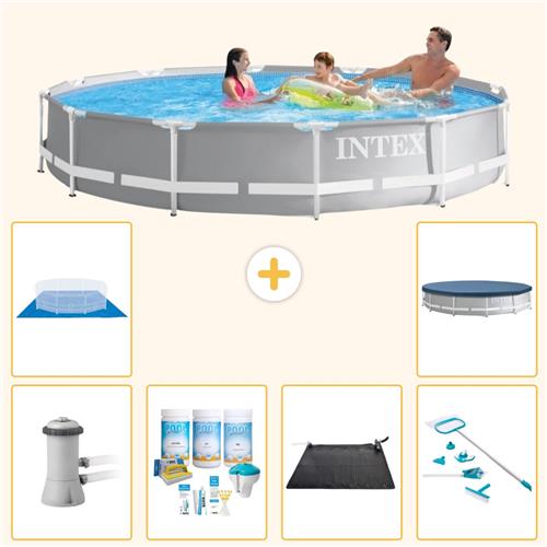 Intex Rond Prism Frame Zwembad - 366 x 76 cm - Grijs - Inclusief Pomp - Onderhoudspakket - Solar Mat - Schoonmaakset - Grondzeil - Afdekzeil - 7-delig