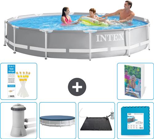 Intex Rond Prism Frame Zwembad - 366 x 76 cm - Grijs - Inclusief Pomp - Afdekzeil - Solar Mat - Vloertegels - 7-delig