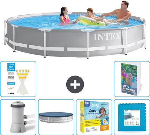 Intex Rond Prism Frame Zwembad - 366 x 76 cm - Grijs - Inclusief Pomp - Afdekzeil - Onderhoudspakket - Vloertegels - 7-delig