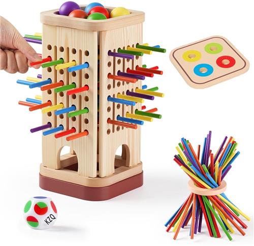KZQ Montessori Houten Speelgoed - 3-in-1 Stokspel - Sorteerspel & Rijgspel - Educatief Spel voor Kleurherkenning - Cadeau 3 Jaar - Hout