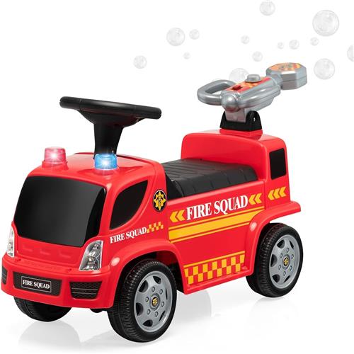 COSTWAY Brandweerauto voor kinderen met bellenblaaspistool & ladder, muziek, koplamp en sirenenton, zit-glijauto voor kinderen van 18-36 maanden, rood