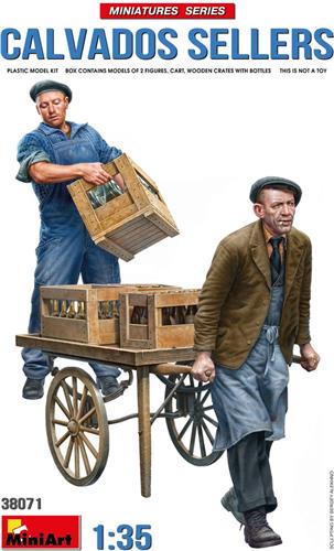 1:35 MiniArt 38071 Calvados Verkopers - 2 Figuren - Kar en Kratten met Flessen Plastic Modelbouwpakket