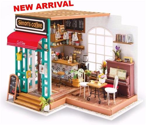 Robotime modelbouw Miniatuur bouwpakket Simon's Coffee Corner hout/papier/kunststof - 226mm hoog x 194mm breed x 190mm diep - met lampje