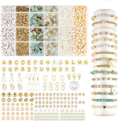 Natuursteen kralen - Armbanden zelf maken - Letterkralen met amazoniet - Kettingen en oorbellen - Inclusief sieradenbeslag - Elastische draad inbegrepen - Opbergdoos met vakken - Natuurlijke kleuren - 2200+ delen