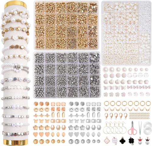 Kralenset voor armbanden - Parels sieraden maken - Letterkralen met bedels - Goudkleurige accessoires - Zilverkleurige details - Inclusief gereedschap - Creatief cadeau - Wit goud zilver - 3 dozen