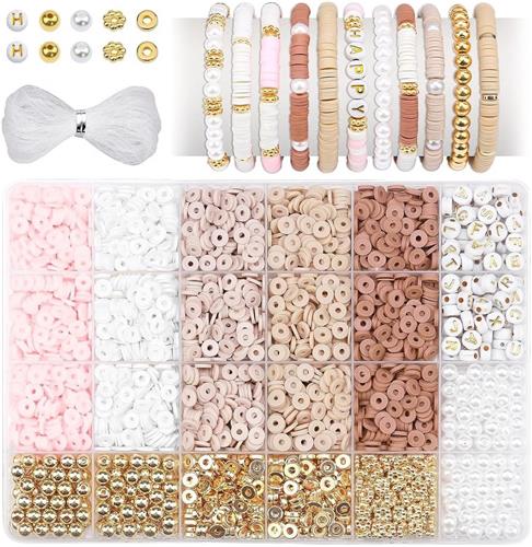 Heishi Armbanden Zelf Maken - Kleikralen Set Vriendschapsarmband - Diy Sieraden Rijgen - Platte Ronde Vorm - 1800 Polymeerklei Kralen - Inclusief Letterkralen Elastisch Koord - Roze Wit Bruin - 6mm