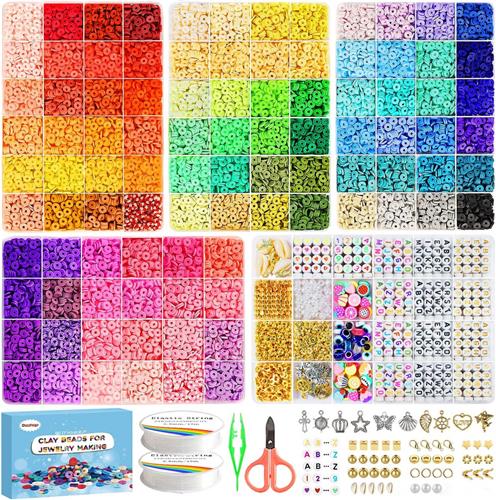 Kralenset voor armbanden - Klei kralen rijgen - Vriendschapsbandjes maken - Sieraden zelf ontwerpen - Letterkralen met bedels - 96 kleurenmixen - Vijf opbergdozen - Elastisch draad - Multicolor - 15500 stuks