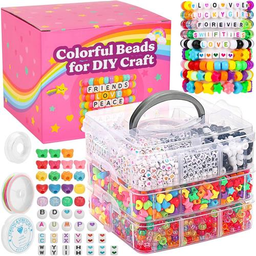 Pony kralen set - Armbanden zelf maken - Vriendschapsbandjes knutselen - Letterkralen en figuren - Inclusief elastisch koord - Driedelige opbergdoos - Sieraden knutselpakket - Meerkleurig - 3800 stuks