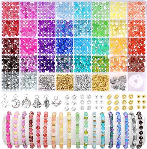 Glaskralen voor armbanden - Kristallen sieraden maken - Afstandskralen plus hangers - Kleurrijk knutselen volwassenen - Elastisch koord inbegrepen - Opbergdoos met vakken - Gemengde kleuren - 1.396 stuks 6 mm