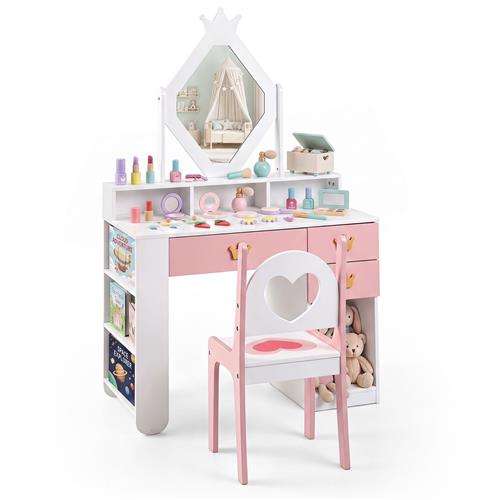 COSTWAY Kinderkaptafelset in kroonmotief, make-uptafel met stoel
