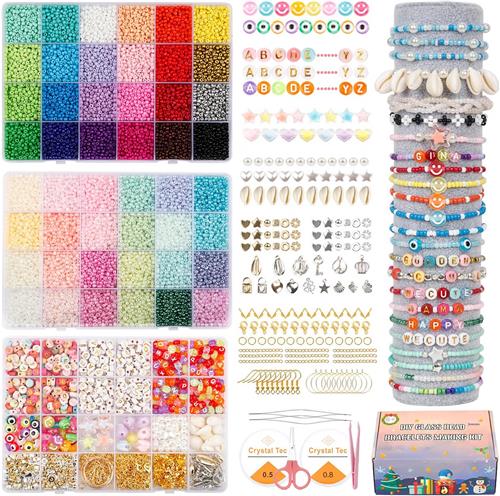 Kralenset voor armbanden - Glaskralen sieraden maken - Letterkralen vriendschapsbandjes - Creatief knutselen kinderen - Metalen bedels inbegrepen - Sorteerdozen bieden overzicht - Meerkleurig - 25.228 stuks 3 mm