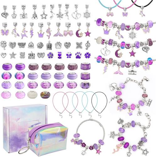 Knutselset voor meisjes - Armbandjes zelf maken - Bedelarmband sieraden ontwerpen - Kettingen creatief knutselen - Inclusief geschenkdoos opbergtas - Metalen kralen hangers - Lila - 80-delige set