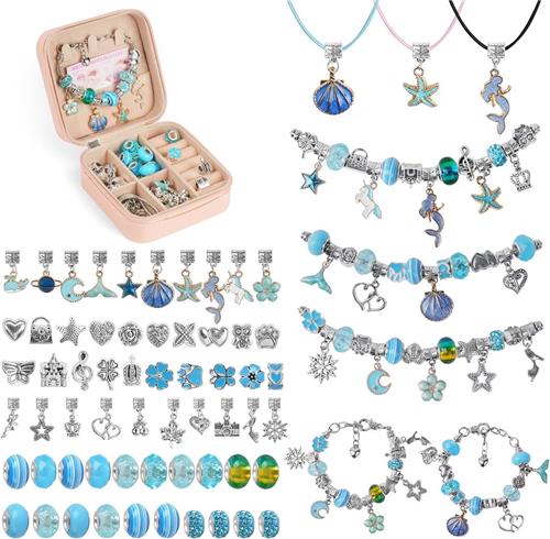 Knutselset voor meisjes - Armbandjes zelf maken - Bedelarmband sieraden ontwerpen - Kettingen creatief knutselen - Verzilverd metalen kralen - Inclusief hangers bedels - Blauw - Vanaf 4 jaar