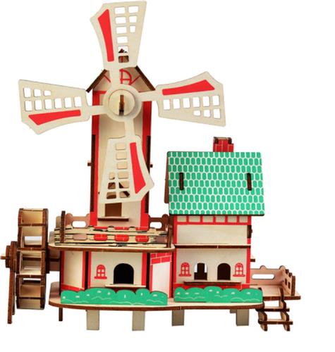 Bouwpakket 3D Puzzel Lucky Windmill Windmolen Molen van hout- gekleurd