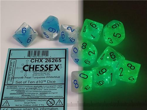 Chessex Gemini Pearl Turquoise-White/blue Luminary Dobbelsteen Set (10 stuks)