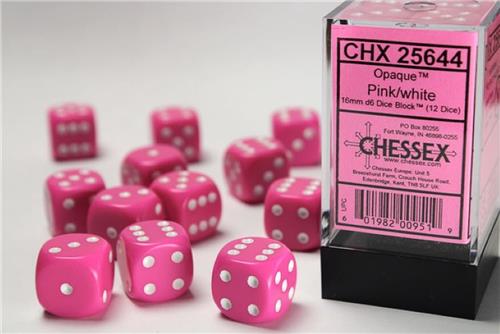 Chessex 12 x D6 Set Opaque 16mm - Pink/White