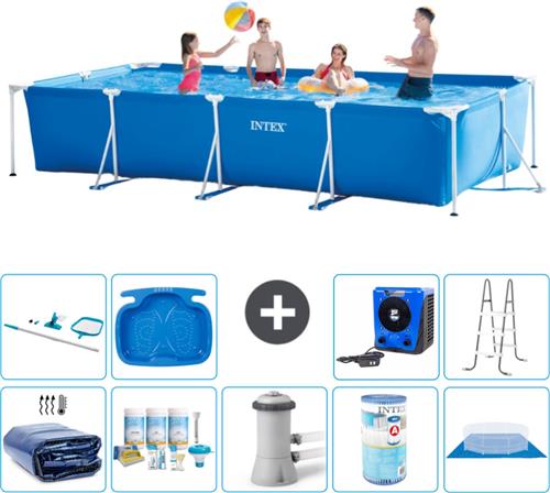 Intex Rechthoekig Frame Zwembad - 450 x 220 x 84 cm - Blauw - Inclusief Solarzeil - Onderhoudspakket - Zwembadfilterpomp - Filter - Grondzeil - Schoonmaakset - Ladder - Voetenbad - Warmtepomp