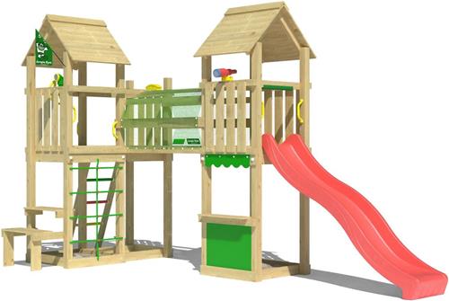 Jungle Gym Speeltoestel Klimtoestel van Grenen Hout | Jungle Spark met Rode Glijbaan | Tuin Speeltoestel voor kinderen met Zandbak, Brug en Winkeltje