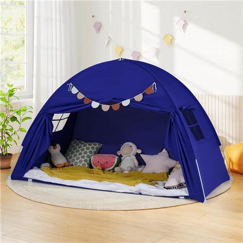 COSTWAY Kindertent, speeltent met 2 ramen en vlaggen, kinderspeelhuis voor binnen, grote tent voor kinderkamer voor jongens en meisjes vanaf 3 jaar, marineblauw