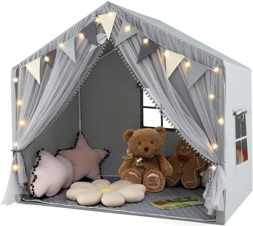 COSTWAY Speelhuis voor kinderen, indoor, kindertent met mat en verlichting, speeltent voor kinderen, prinses, kinderspeelhuis, decoratieve tent voor jongens en meisjes vanaf 3 jaar, grijs