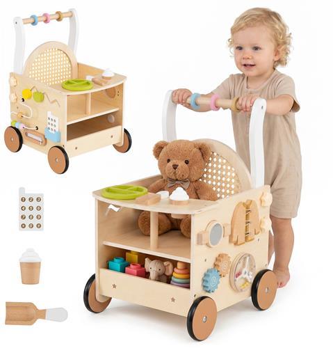 COSTWAY Walker van hout, multifunctionele Montessori-baby loophulp