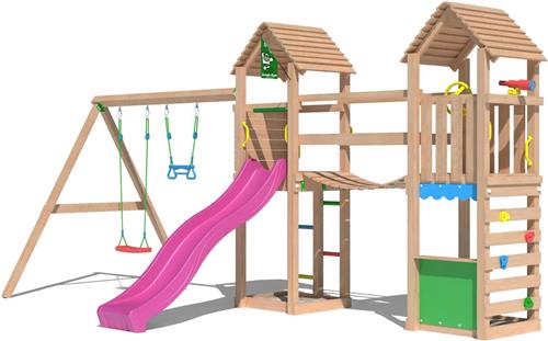 Jungle Gym Speeltoestel Klimtoestel van Verduurzaamd Douglas Hout | Jungle Haven met Fuchsia Glijbaan | Tuin Speeltoestel voor kinderen met Zandbak en Dubbele Schommel