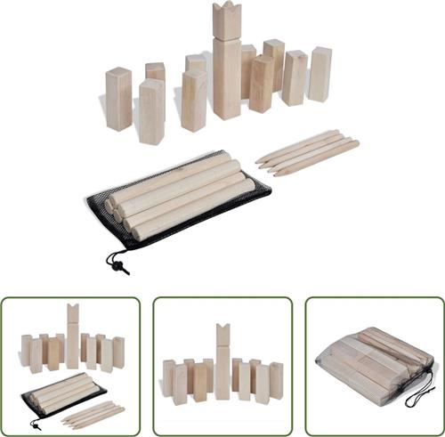 The Living Store Kubbset - Houten buitenspel - Grenenhout - Geschikt voor alle leeftijden - 21-delige set - Draagtas - Geschikt voor gras - zand en ijs - Afmetingen- Koning kubb 5.3x5.3x31cm - Kubb 4.5x4.5x15cm - Werpstok 3.2x31cm - Hoekstok 1.7x30cm
