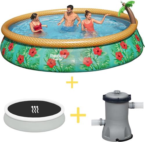 Bestway Zwembad - Fast Set - Paradijs Bloemen - 457 x 84 cm - Inclusief Solarzeil & Filterpomp