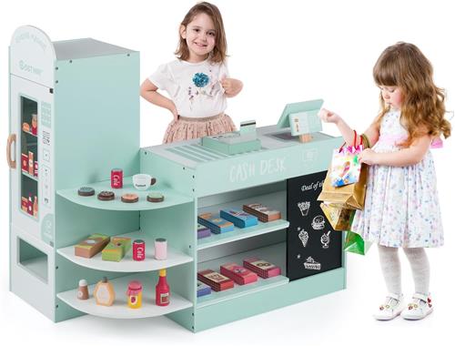 COSTWAY Kinderwinkel, winkel van hout met zijbureau, supermarktset met kassa, POS-machine, verkoopautomaat en krijtbord, boodschappenwinkel, verkoopstand voor kinderen vanaf 3 jaar (mintgroen)
