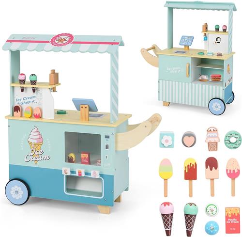 COSTWAY IJswagen kinderen met ijs speelgoed, ijswinkel hout met ijsmachine & verkoopautomaat & kassa & scanner, winkelwinkel incl. 15 accessoires voor kinderen vanaf 3 jaar (groen)