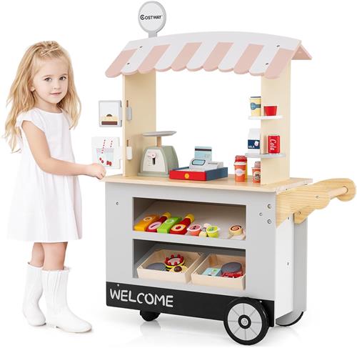 COSTWAY Houten Levensmiddelenwagen voor Kinderen  Winkelwagen met 30 Accessoires, 3 Wielen, Duwgreep, Drankenrek, Weegschaal & POS-Machine  Speelgoed Verkoopwagen voor Kinderen vanaf 3 Jaar, Grijs
