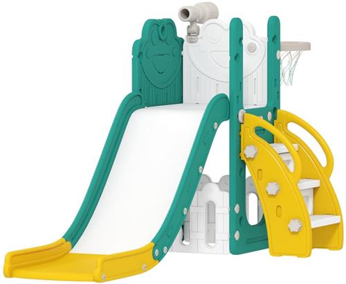 Merax 5-in-1 Kinderglijbaan Met Klimrek Basketbalring Speelverrekijker En Opbergvak - Geel En Groen - 178 x 70 x 86 cm