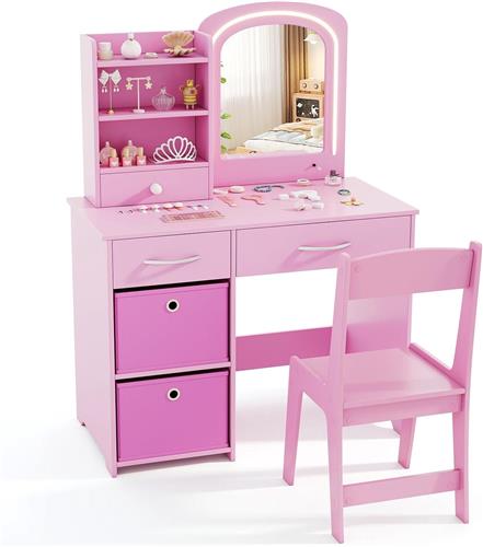 COSTWAY Kinderkaptafel Met Verlichting  Prinsessen Make-uptafel Met Spiegel, Laden En Dozen, Veilig MDF-Frame  Make-up En Speelmeubel Voor Meisjes Vanaf 3 Jaar (Roze)