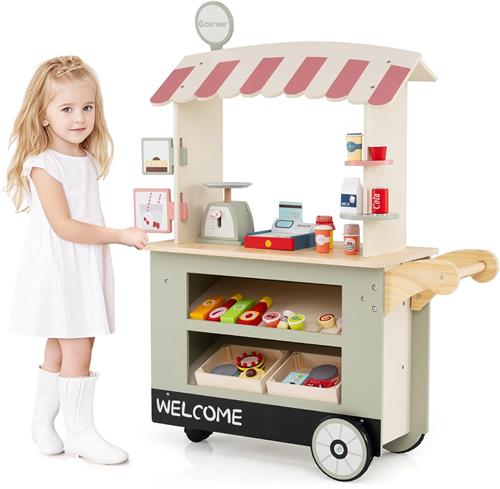 COSTWAY Kinderen Snack- en Snoepkar, Speelgoedwinkelkar met POS-machine en Weegschaal, Drankrek en Uitstalling, 1 Zwenkwiel en 2 Grote Wielen (Groen)